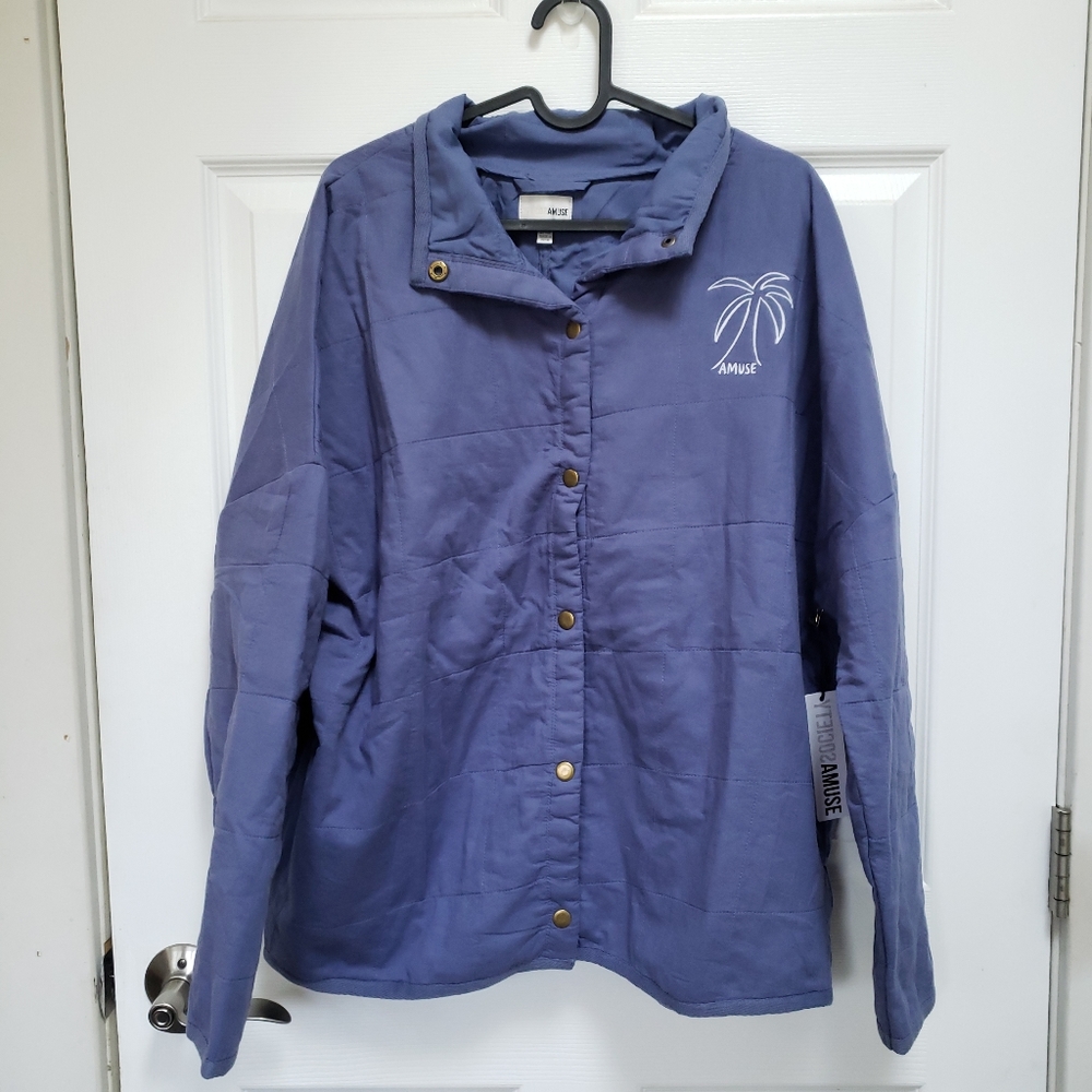 Amuse Society Blue Seabreeze Embroidered Palm Lightweight Quilted Jacket